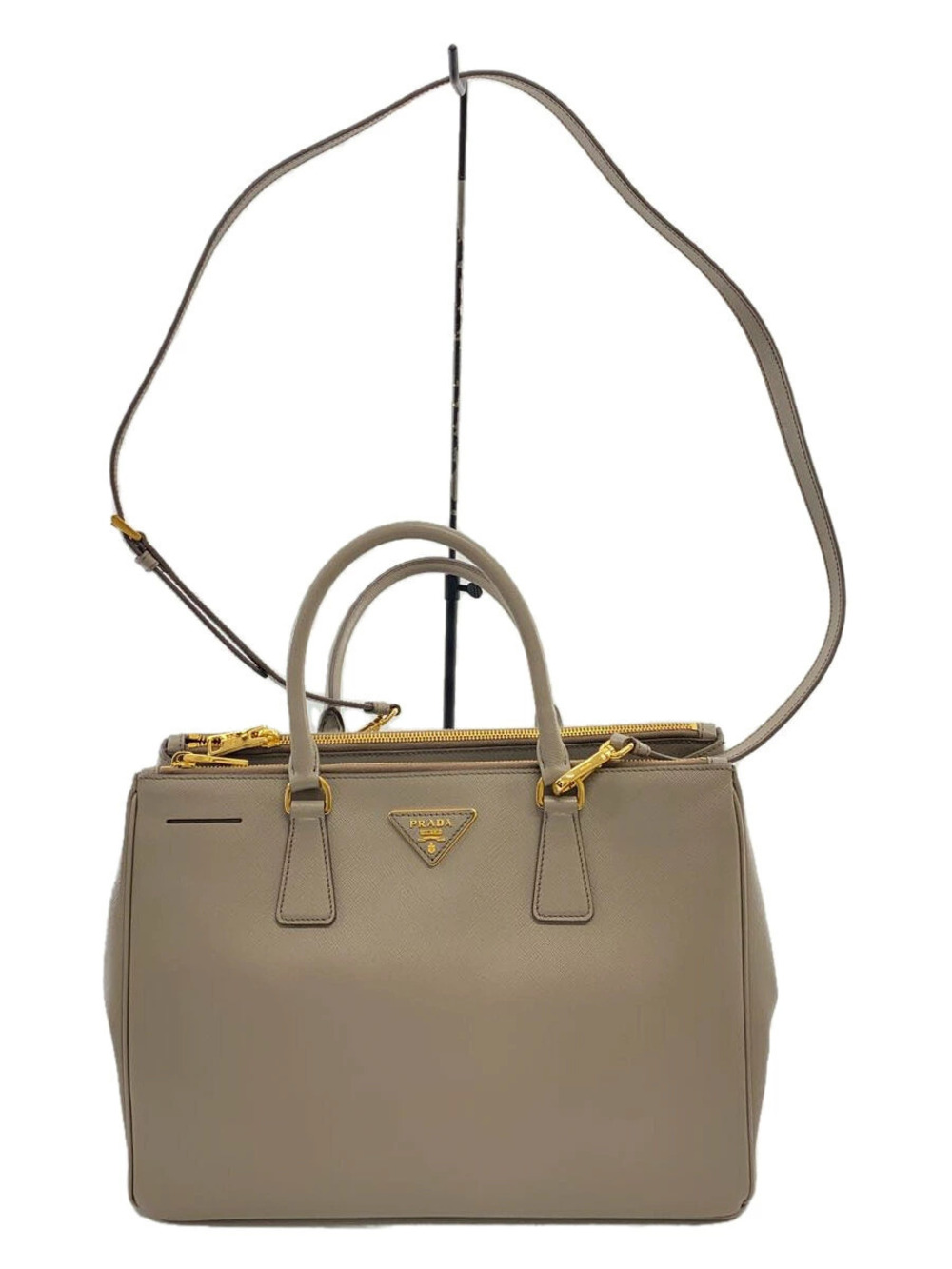Prada Saffiano Leather Galleria Double Zip Tote Gray Beige Tan